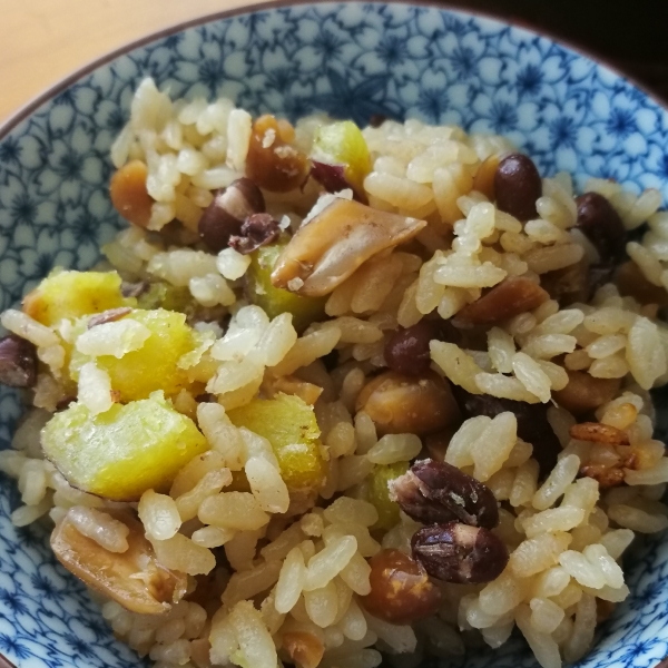 September 2019, さつま芋、小豆、落花生の炊き込みご飯